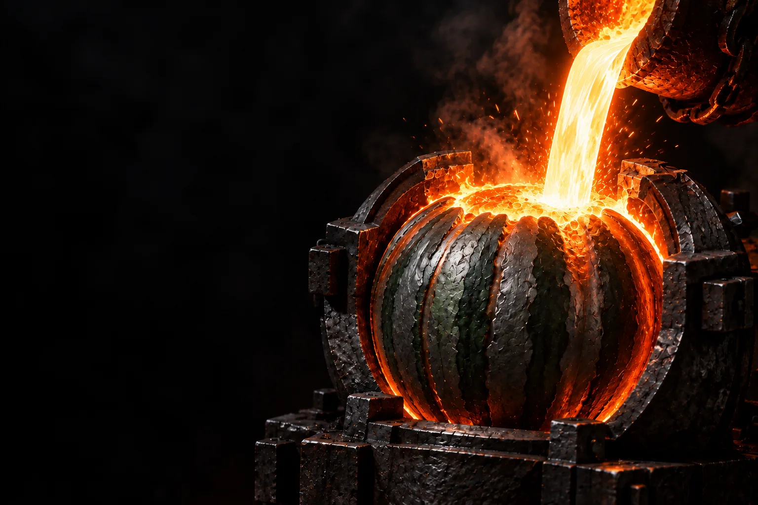 Molten metal pouring into a steel watermelon held in a heavy foundry cradle.
